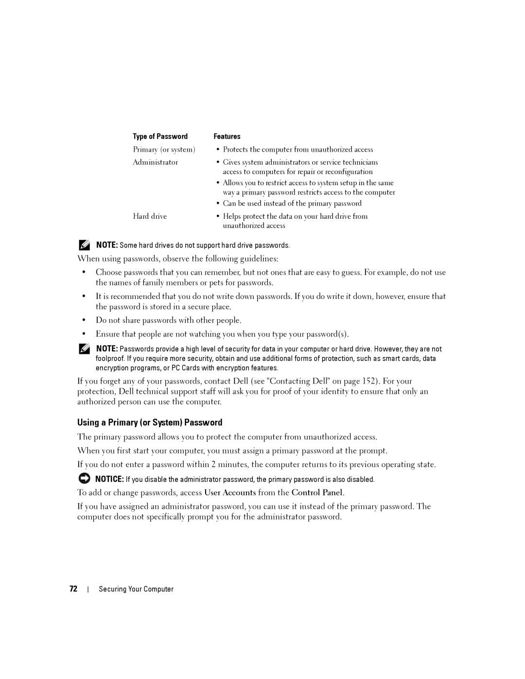 Dell D630-2X33GF1 manual Using a Primary or System Password, Type of Password Features 