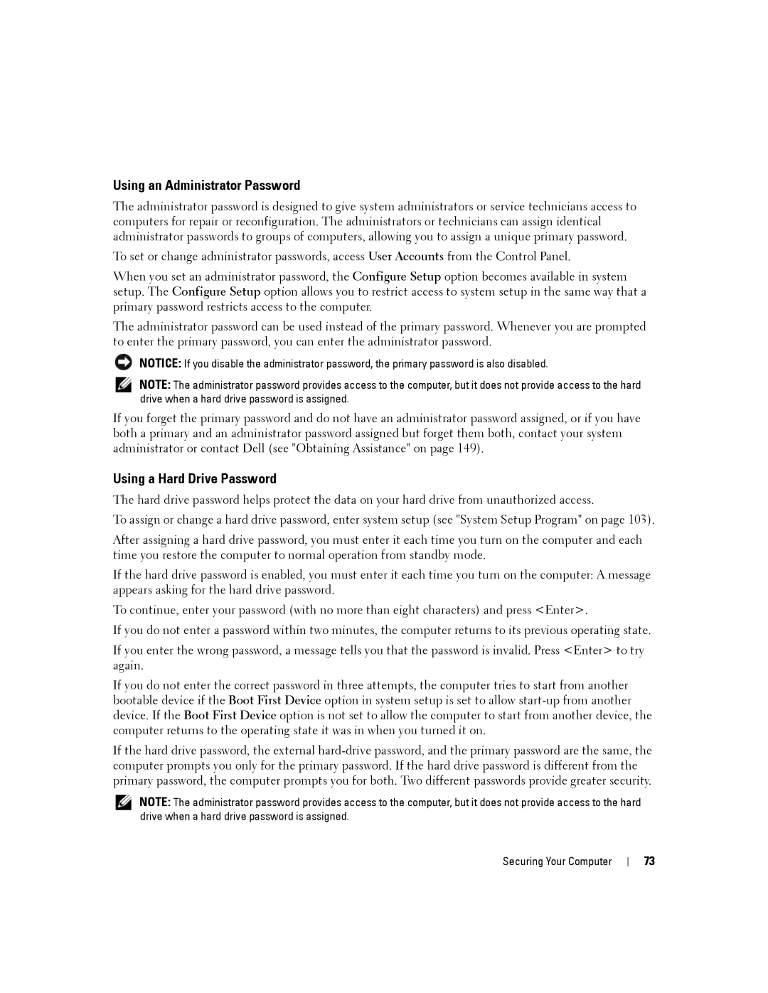 Dell D630-2X33GF1 manual Using an Administrator Password, Using a Hard Drive Password 