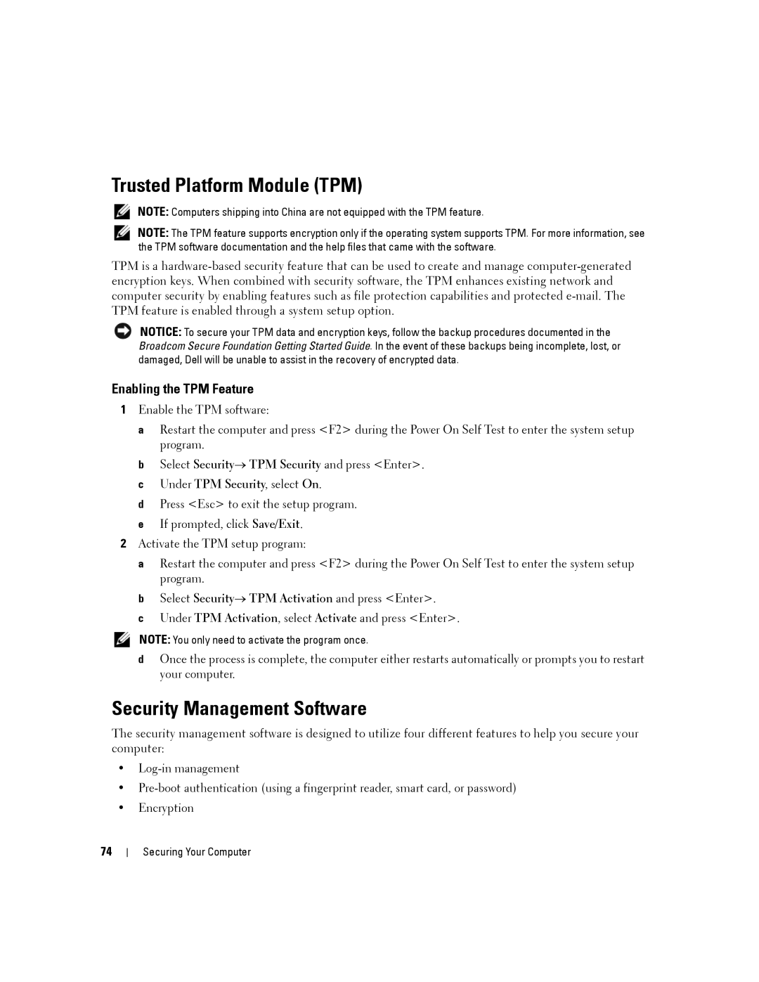 Dell D630-2X33GF1 manual Trusted Platform Module TPM, Security Management Software, Enabling the TPM Feature 