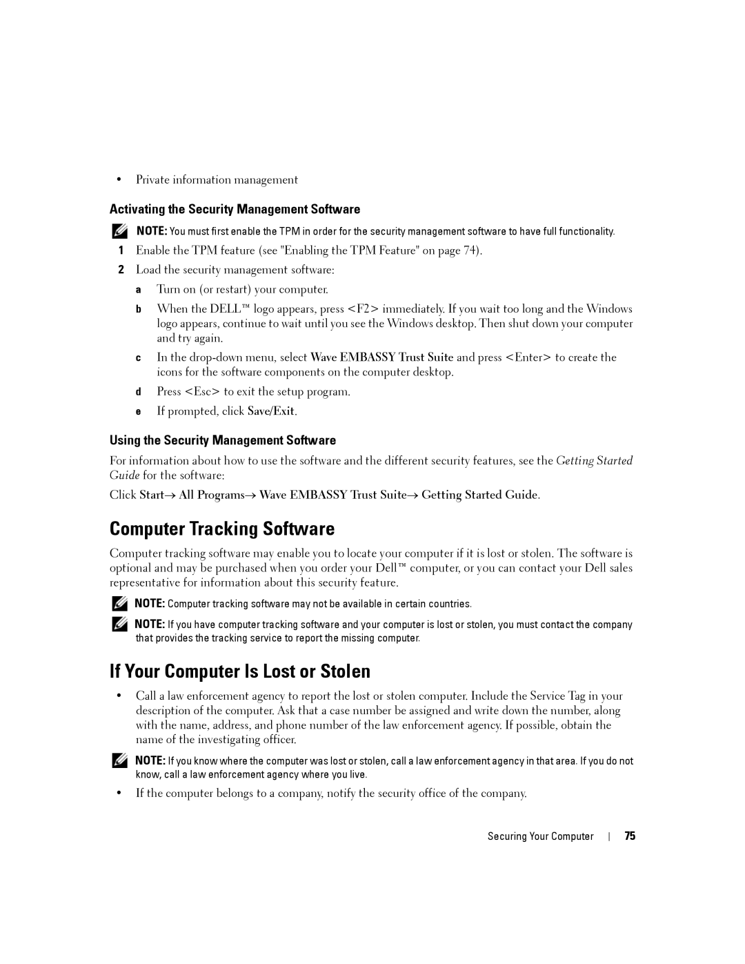 Dell D630-2X33GF1 Computer Tracking Software, If Your Computer Is Lost or Stolen, Using the Security Management Software 