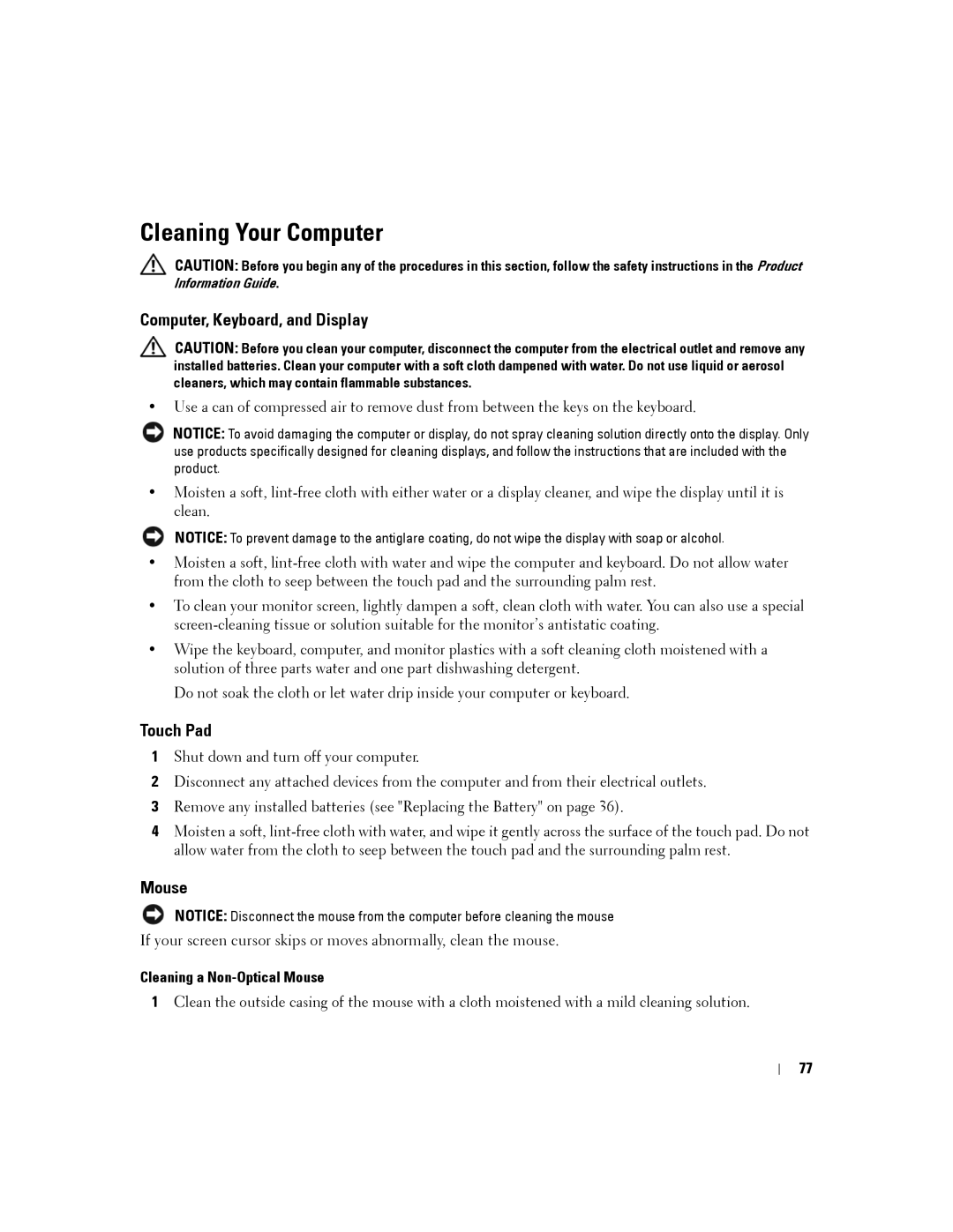 Dell D630-2X33GF1 Cleaning Your Computer, Computer, Keyboard, and Display, Touch Pad, Cleaning a Non-Optical Mouse 