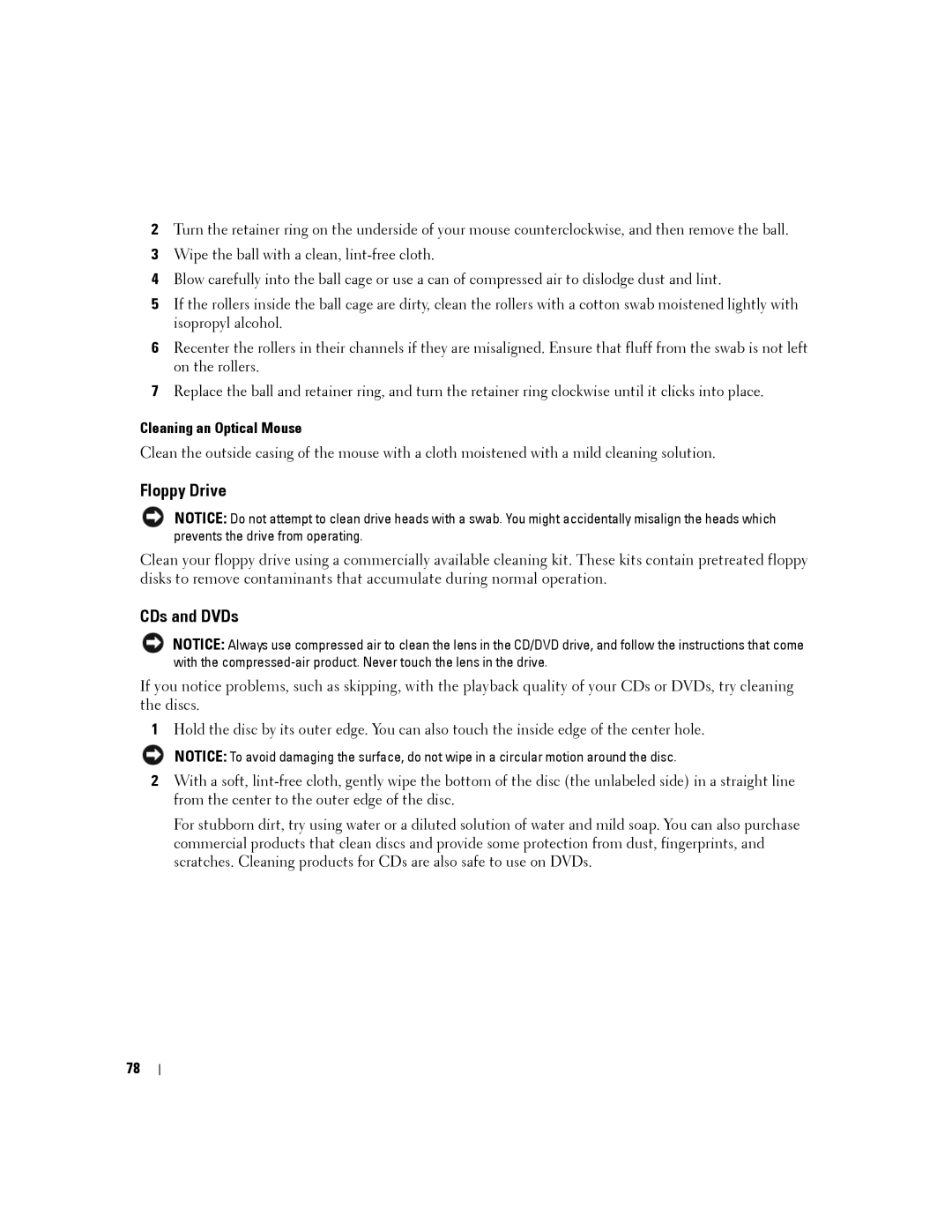 Dell D630-2X33GF1 manual Floppy Drive, CDs and DVDs, Cleaning an Optical Mouse 