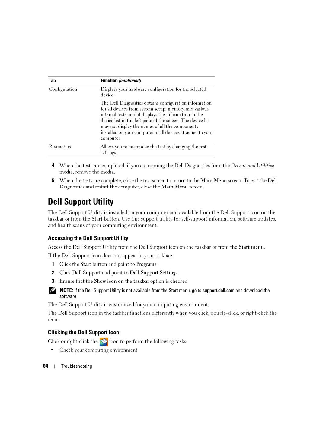 Dell D630-2X33GF1 manual Accessing the Dell Support Utility, Clicking the Dell Support Icon, Tab 