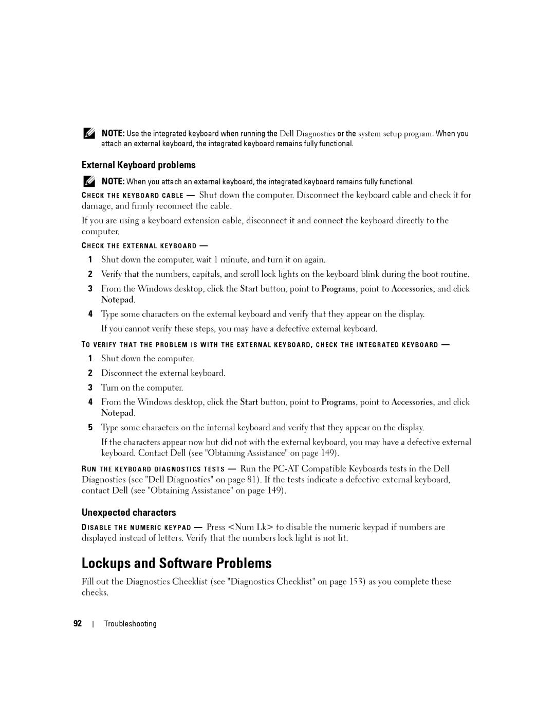 Dell D630-2X33GF1 manual Lockups and Software Problems, External Keyboard problems, Unexpected characters 