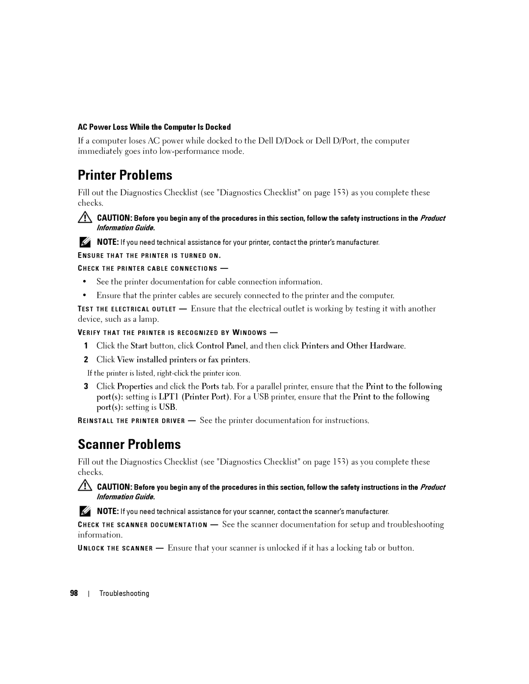 Dell D630-2X33GF1 manual Printer Problems, Scanner Problems, AC Power Loss While the Computer Is Docked 