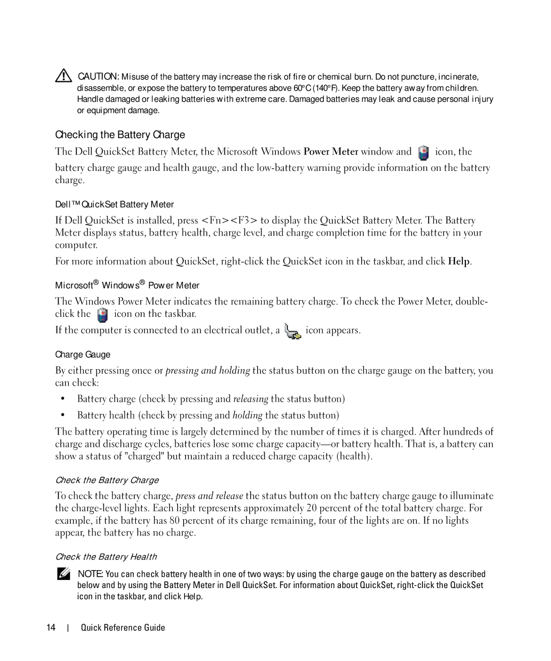 Dell D630 manual Checking the Battery Charge, Dell QuickSet Battery Meter, Microsoft Windows Power Meter, Charge Gauge 