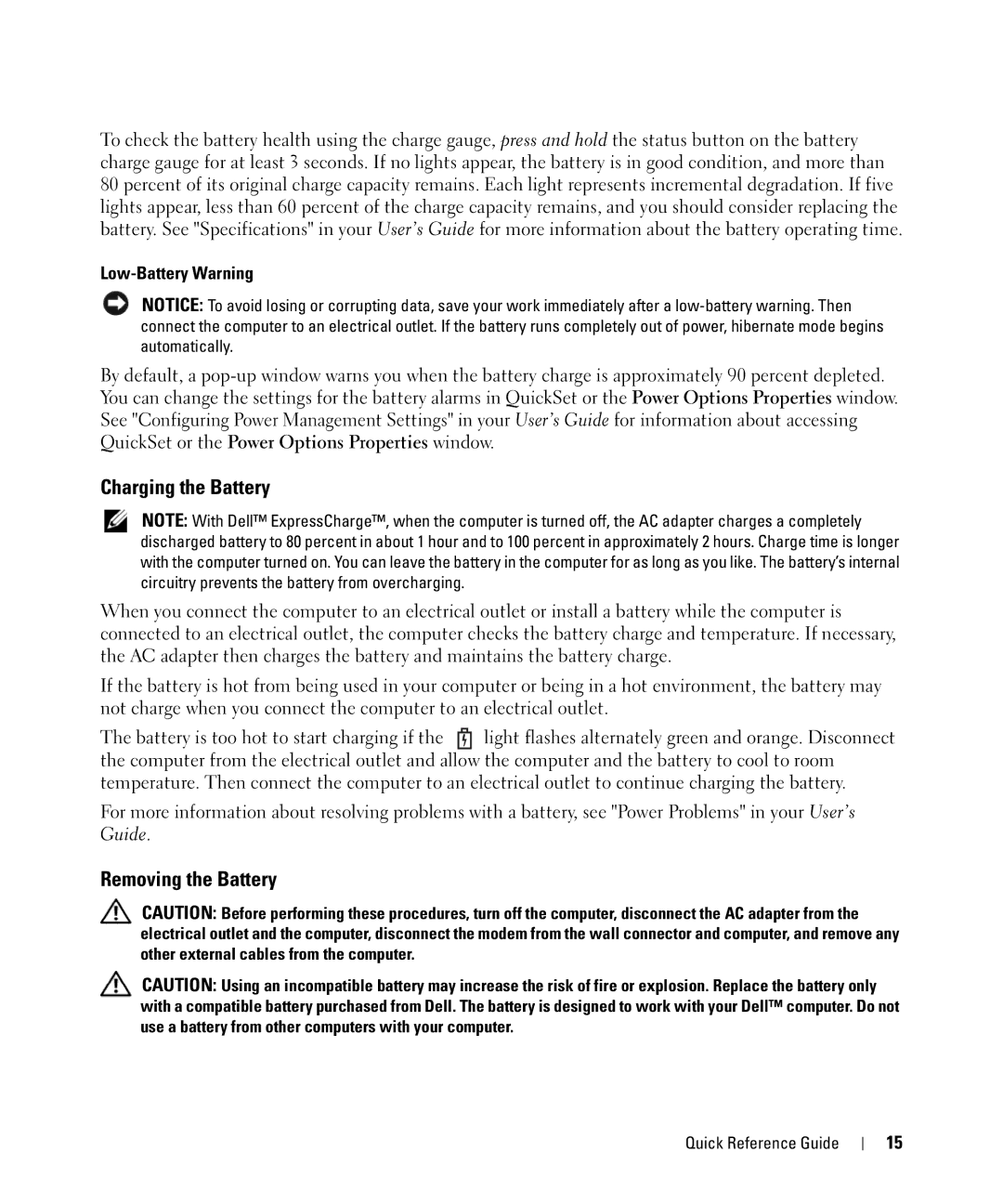 Dell D630 manual Charging the Battery, Removing the Battery, Low-Battery Warning 