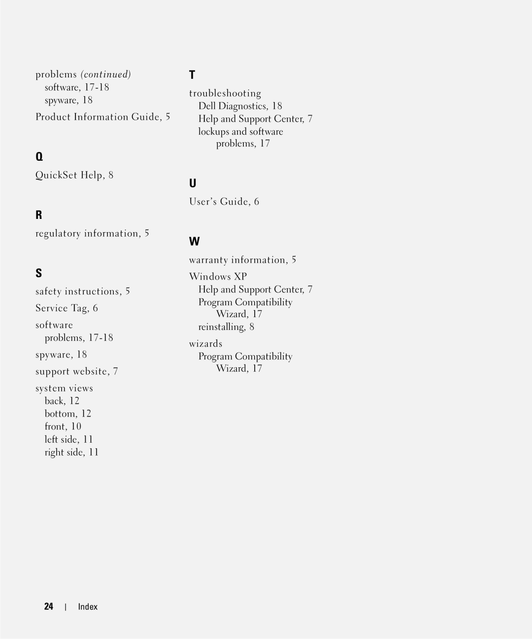 Dell D630 manual Problems software, 17-18 spyware 