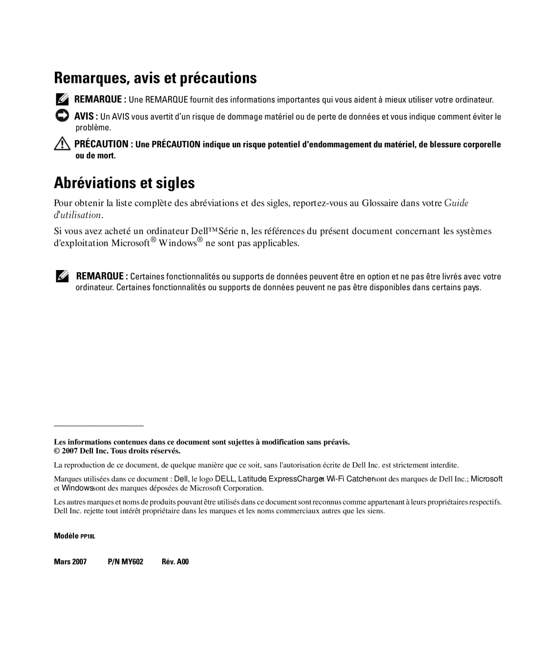 Dell D630 manual Remarques, avis et précautions, Abréviations et sigles 