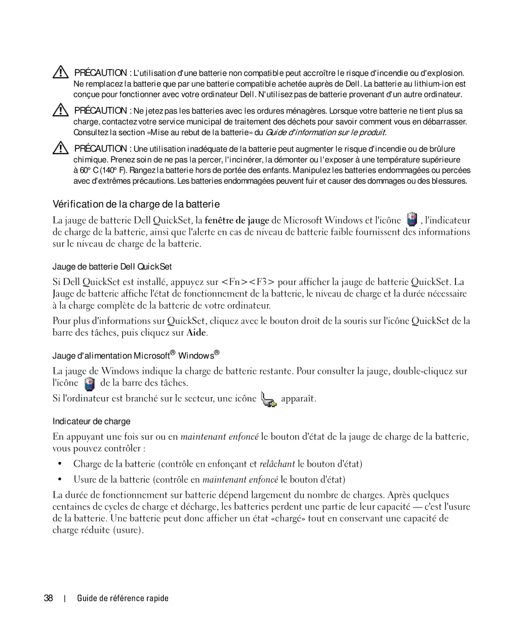 Dell D630 Vérification de la charge de la batterie, Jauge de batterie Dell QuickSet, Jauge dalimentation Microsoft Windows 