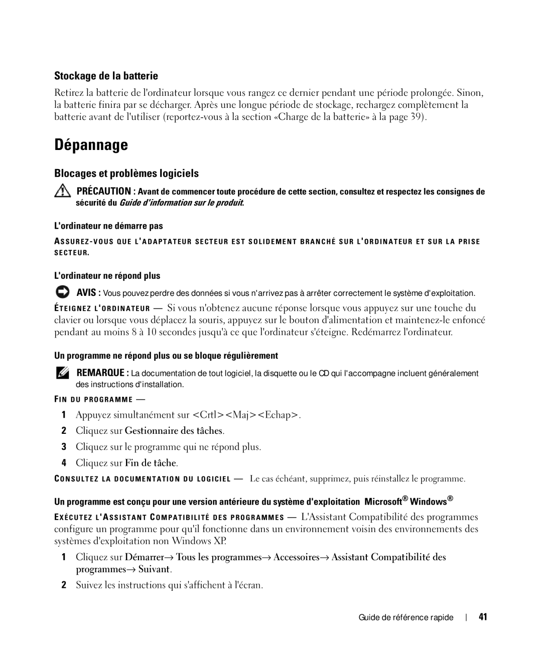 Dell D630 manual Dépannage, Stockage de la batterie, Blocages et problèmes logiciels 