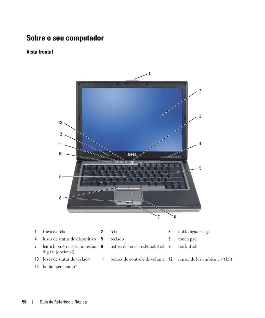 Dell D630 manual Sobre o seu computador, Vista frontal 