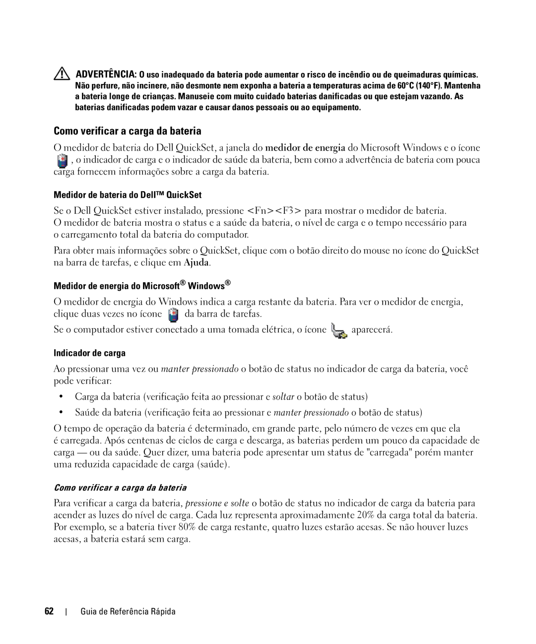 Dell D630 Como verificar a carga da bateria, Medidor de bateria do Dell QuickSet, Medidor de energia do Microsoft Windows 