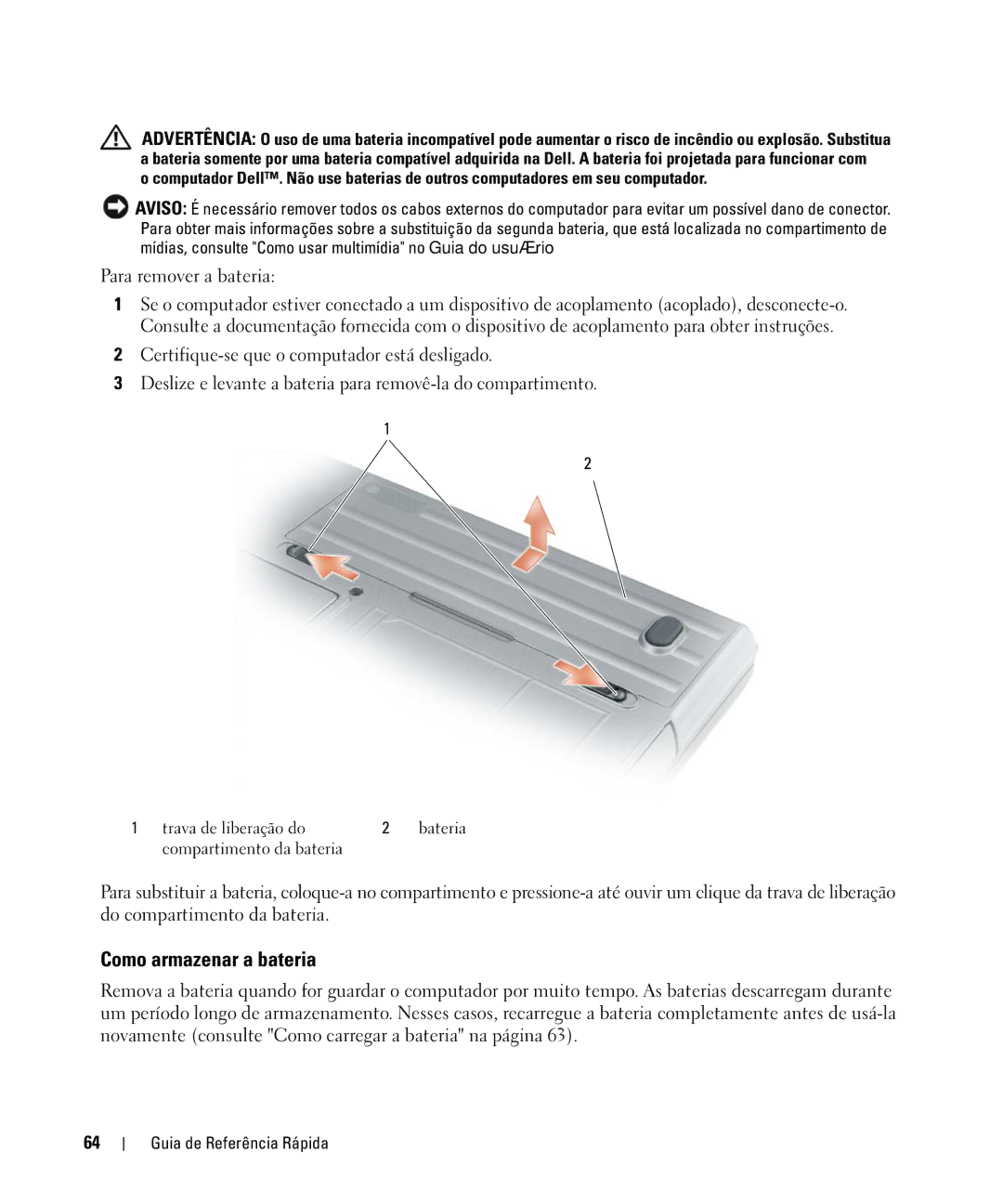 Dell D630 manual Como armazenar a bateria 