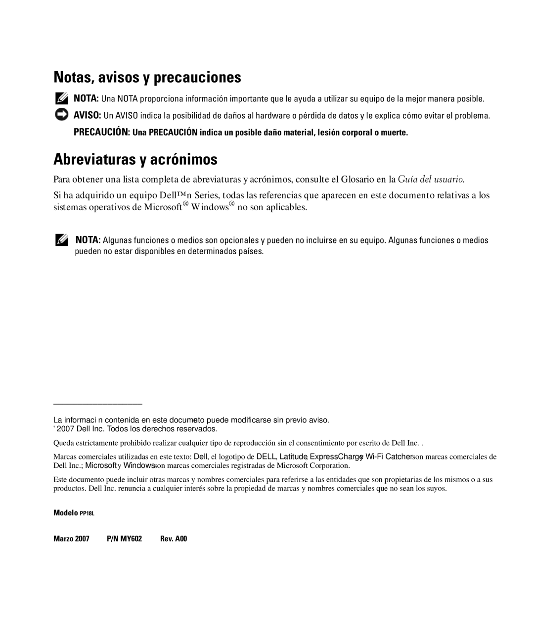 Dell D630 manual Notas, avisos y precauciones, Abreviaturas y acrónimos 