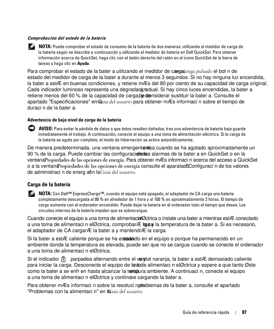 Dell D630 manual Carga de la batería, Advertencia de bajo nivel de carga de la batería 