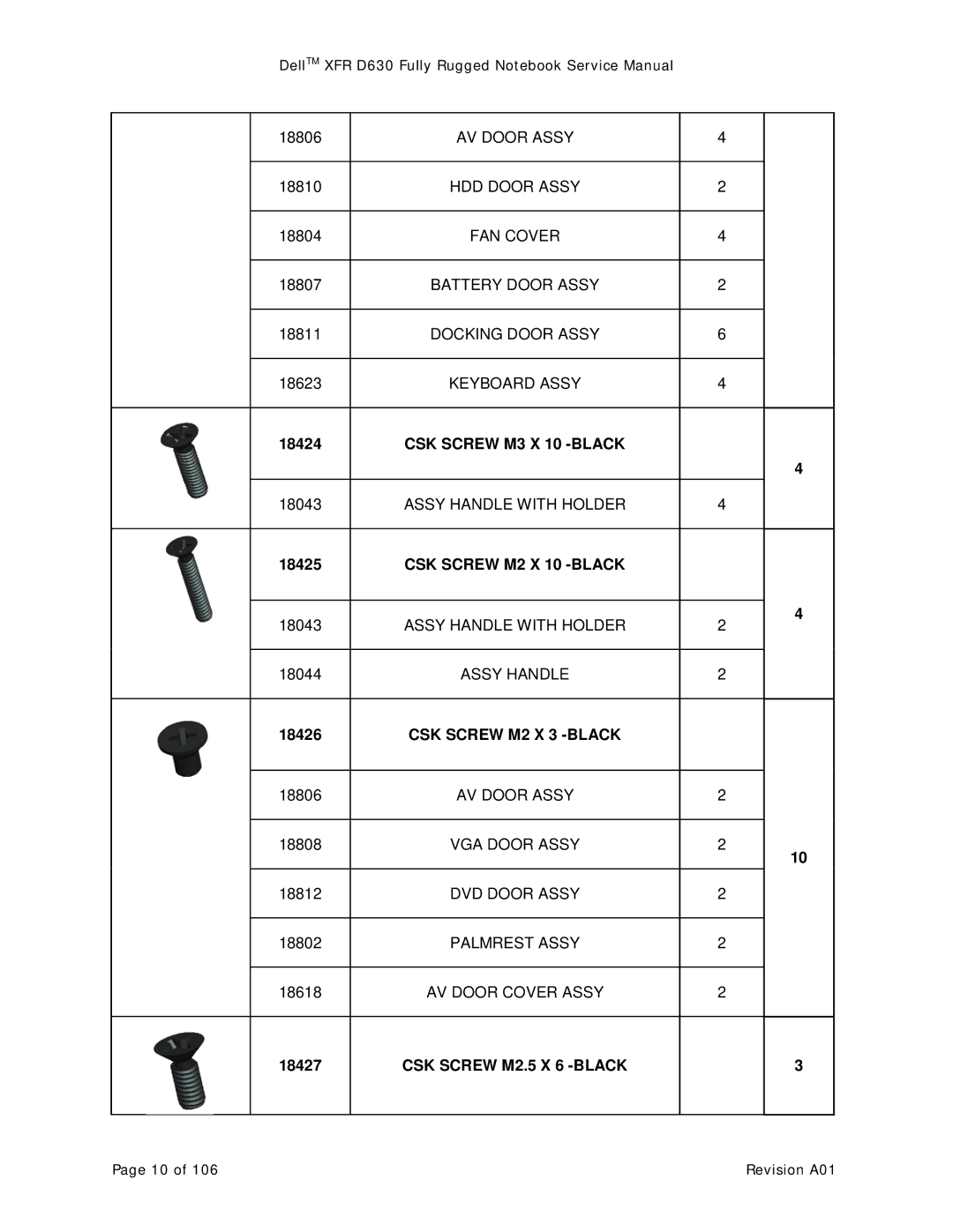 Dell D630 service manual CSK Screw M3 X 10 -BLACK 