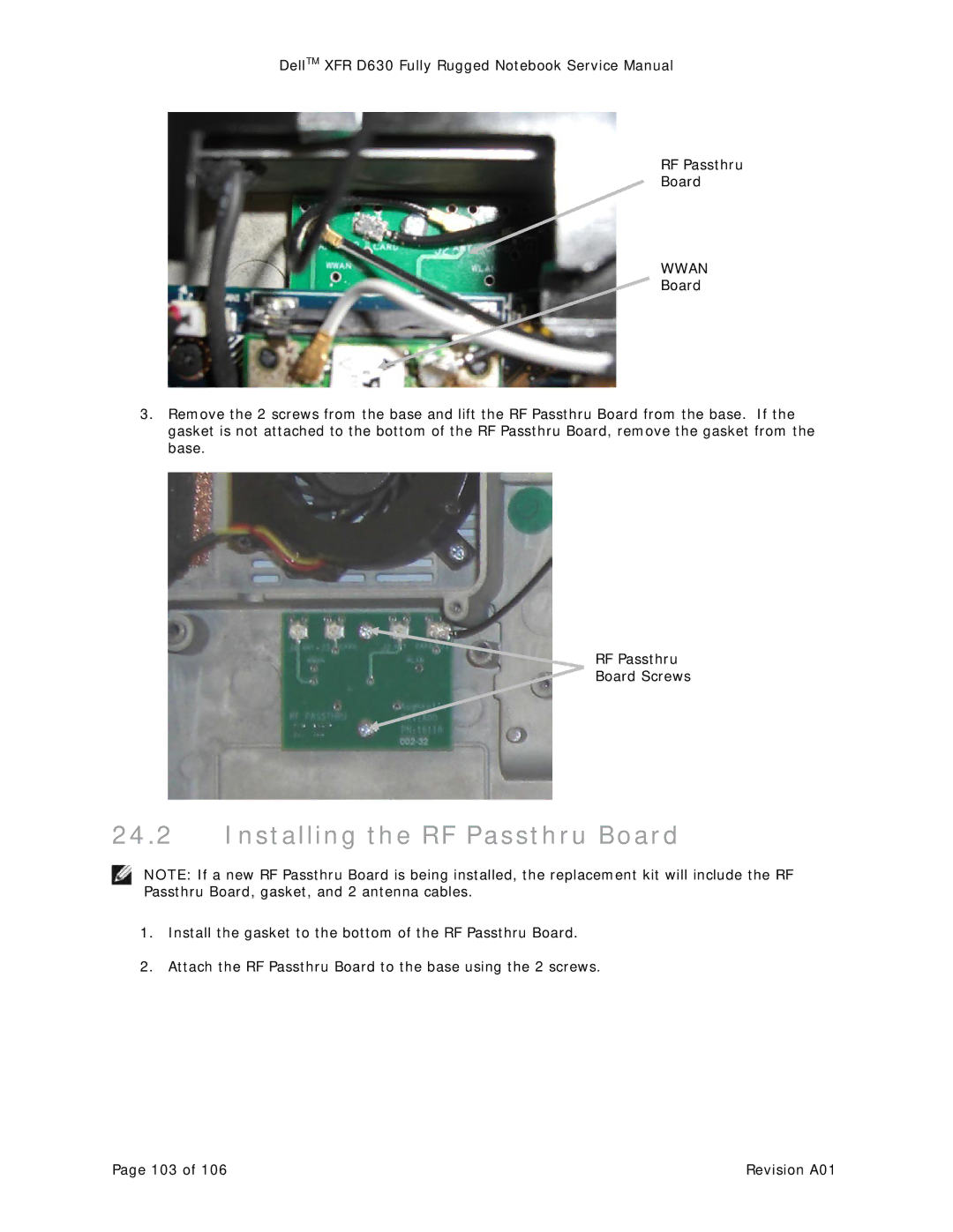 Dell D630 service manual Installing the RF Passthru Board, Wwan 