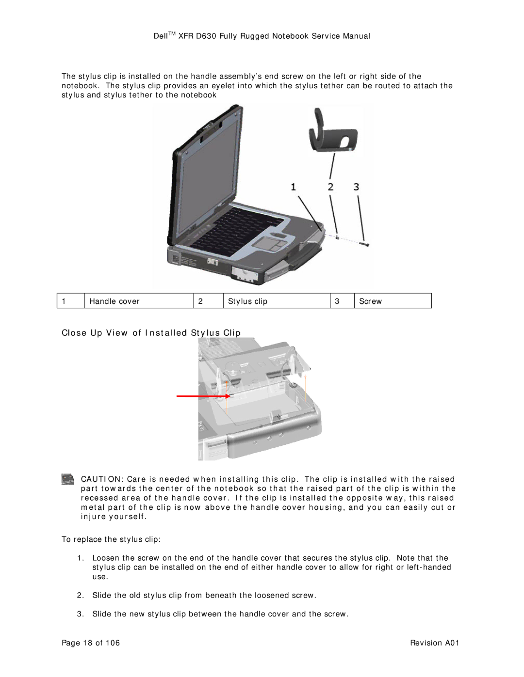 Dell D630 service manual Close Up View of Installed Stylus Clip 