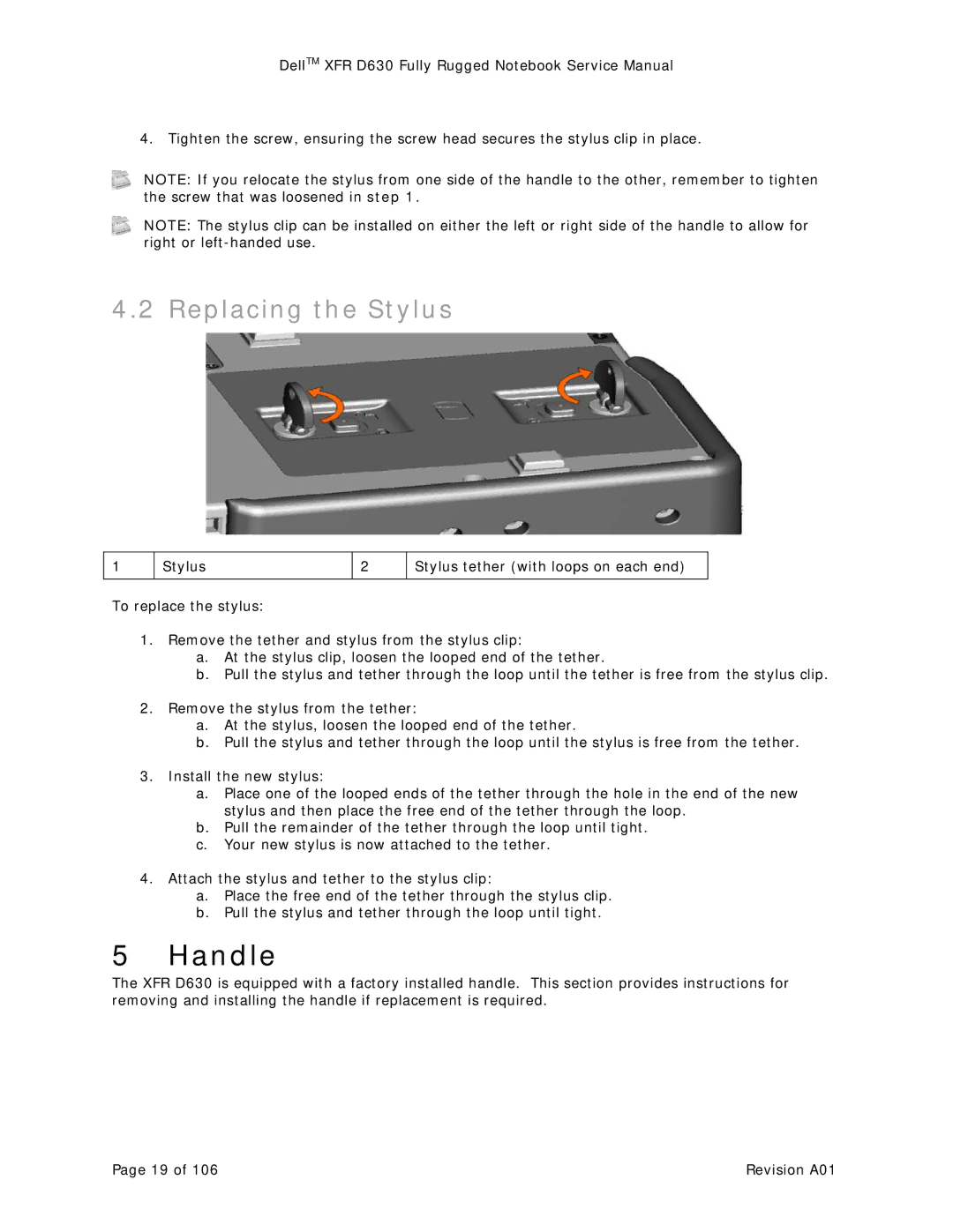 Dell D630 service manual Handle, Replacing the Stylus 