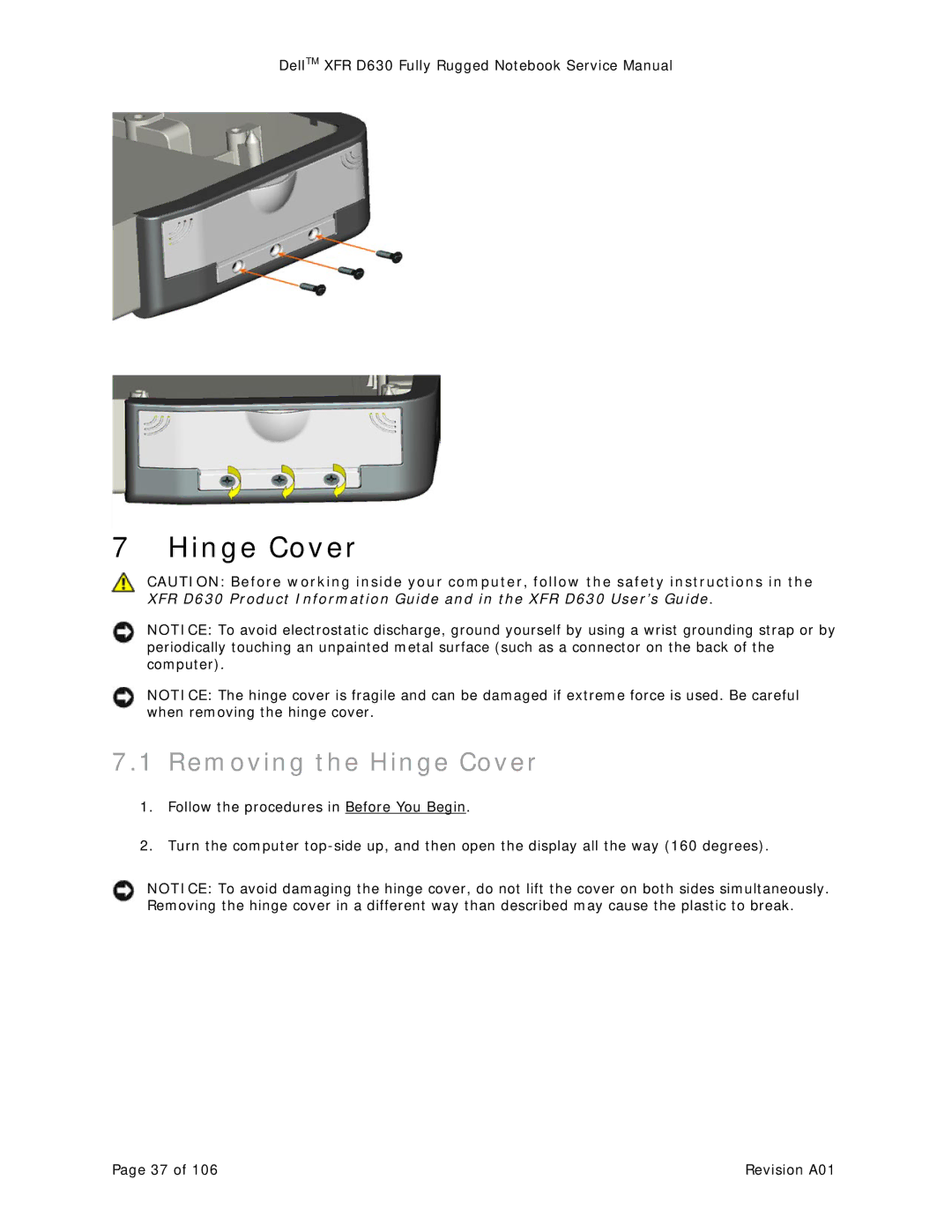 Dell D630 service manual Removing the Hinge Cover 