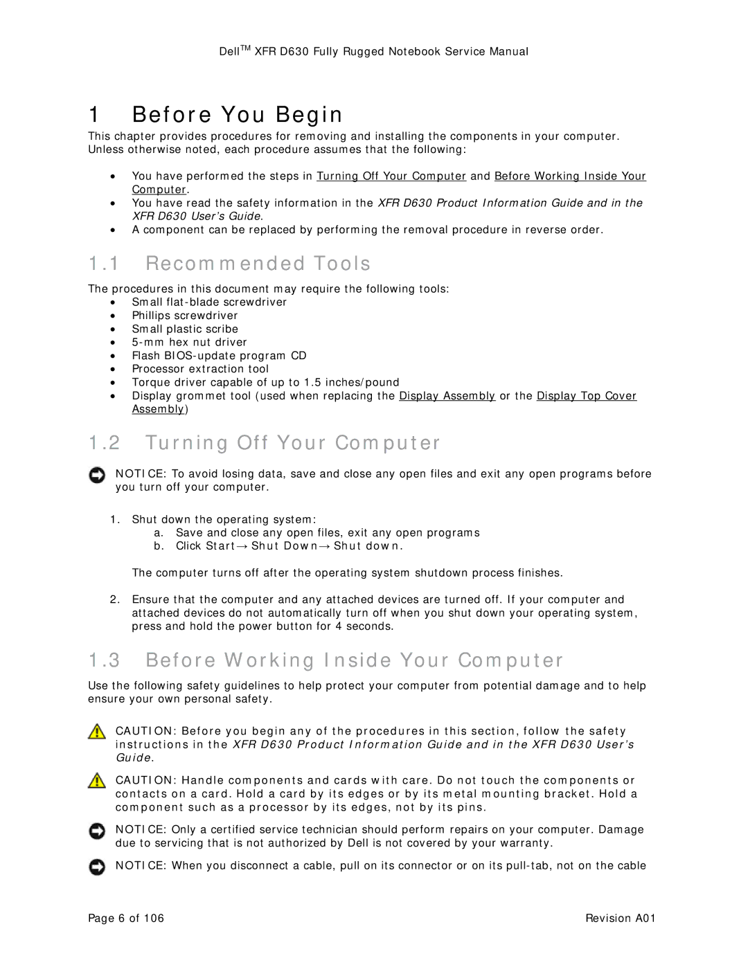 Dell D630 Before You Begin, Recommended Tools, Turning Off Your Computer, Before Working Inside Your Computer 