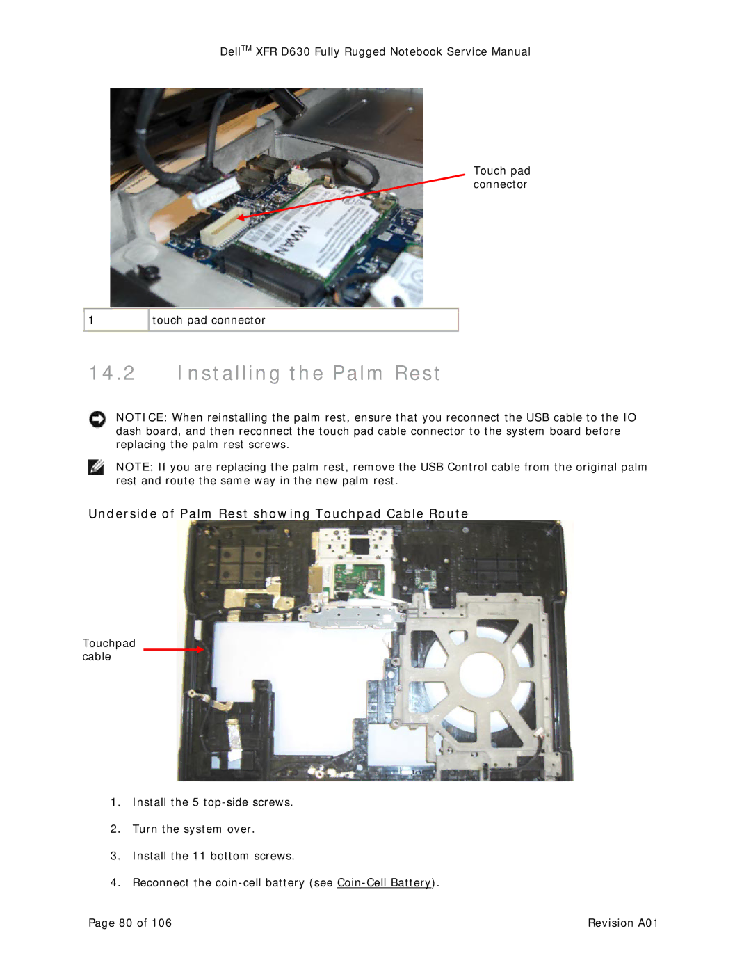 Dell D630 service manual Installing the Palm Rest, Underside of Palm Rest showing Touchpad Cable Route 