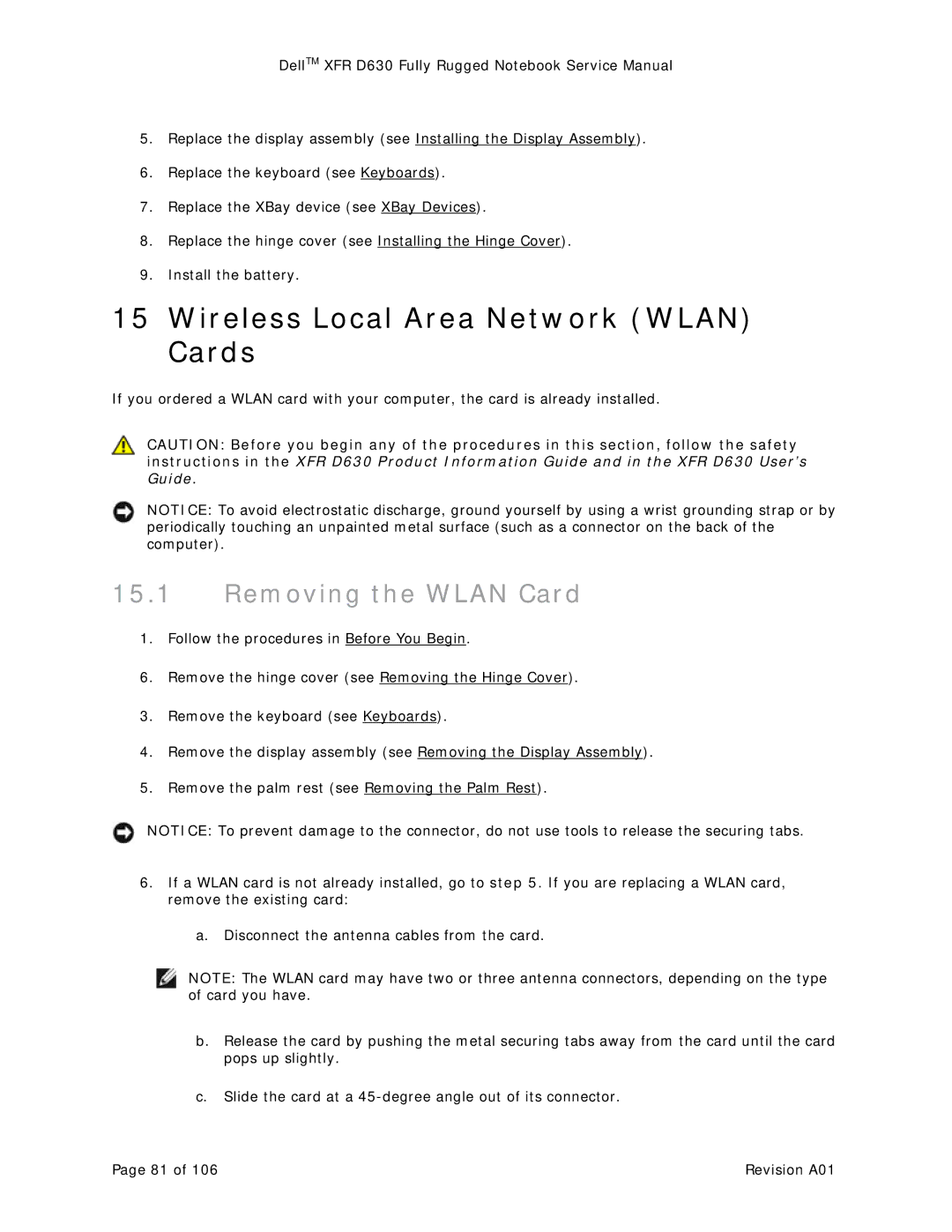 Dell D630 service manual Wireless Local Area Network Wlan Cards, Removing the Wlan Card 