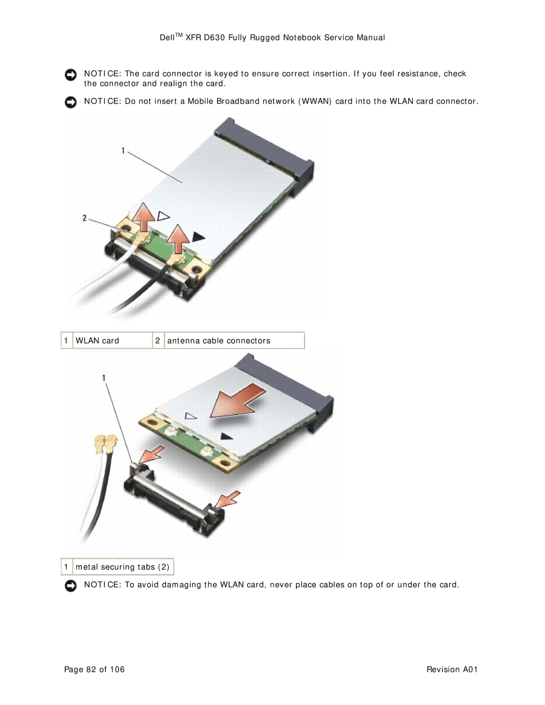 Dell D630 service manual Wlan card Antenna cable connectors Metal securing tabs 