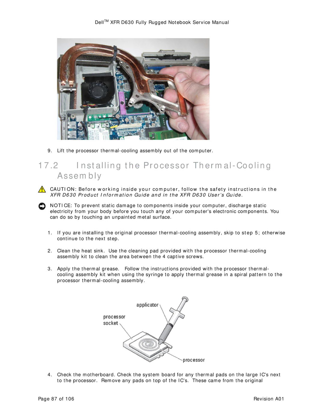 Dell D630 service manual Installing the Processor Thermal-Cooling Assembly 