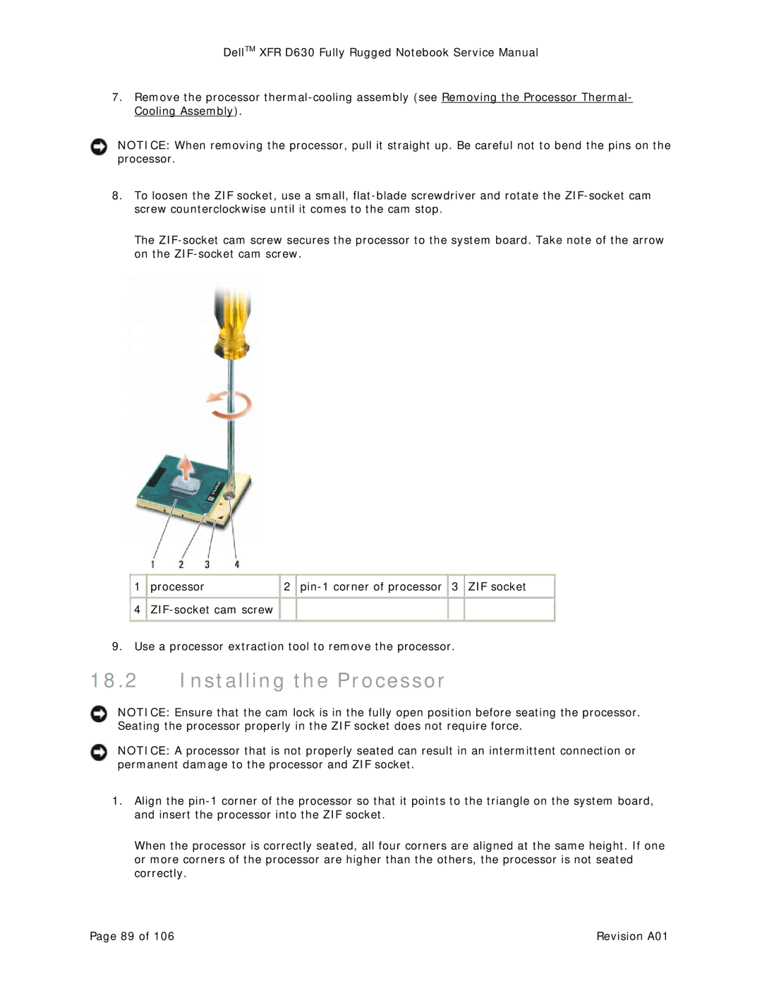 Dell D630 service manual Installing the Processor 