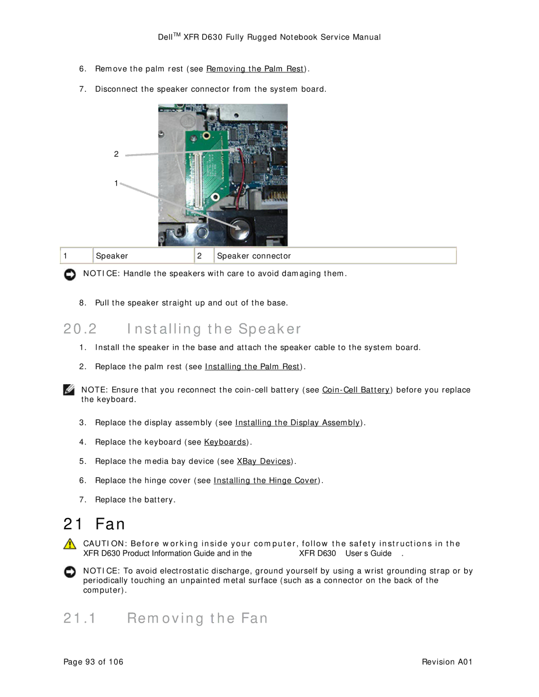 Dell D630 service manual 21 Fan, Installing the Speaker, Removing the Fan 