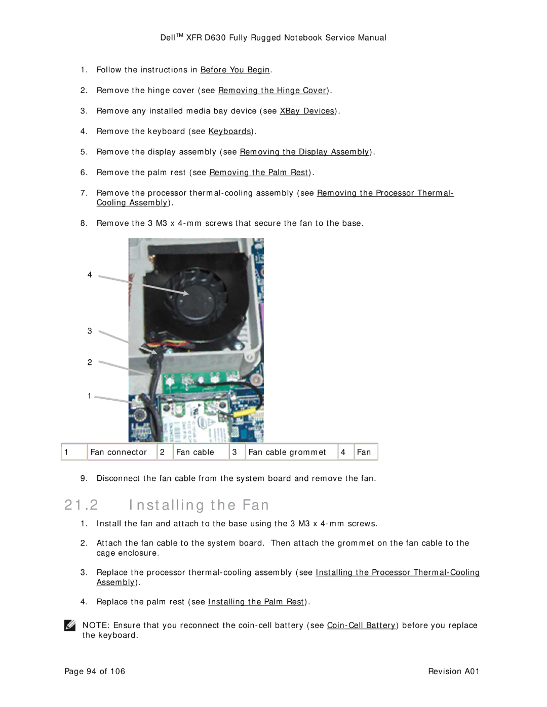 Dell D630 service manual Installing the Fan 