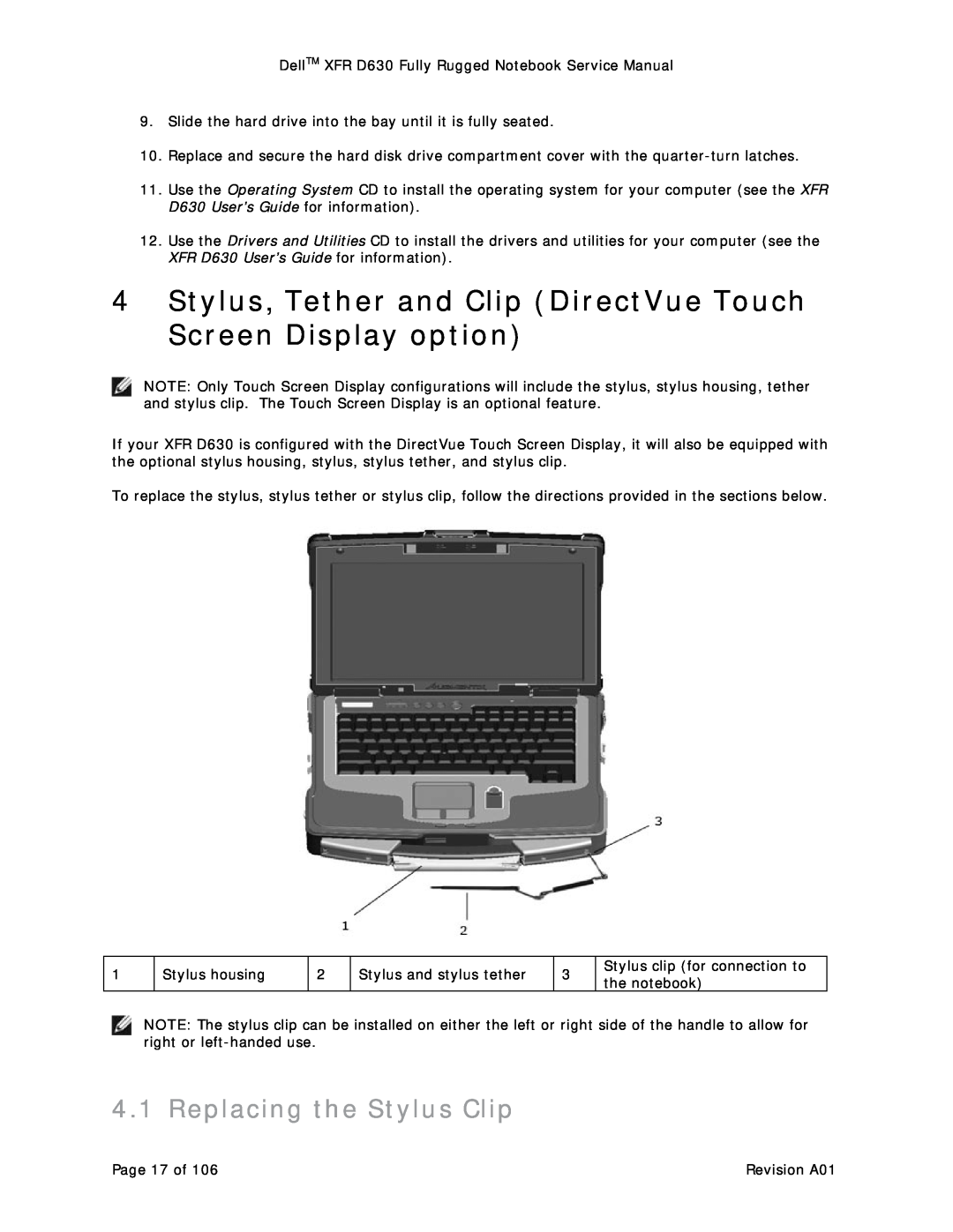 Dell D630 service manual Stylus, Tether and Clip DirectVue Touch Screen Display option, Replacing the Stylus Clip 