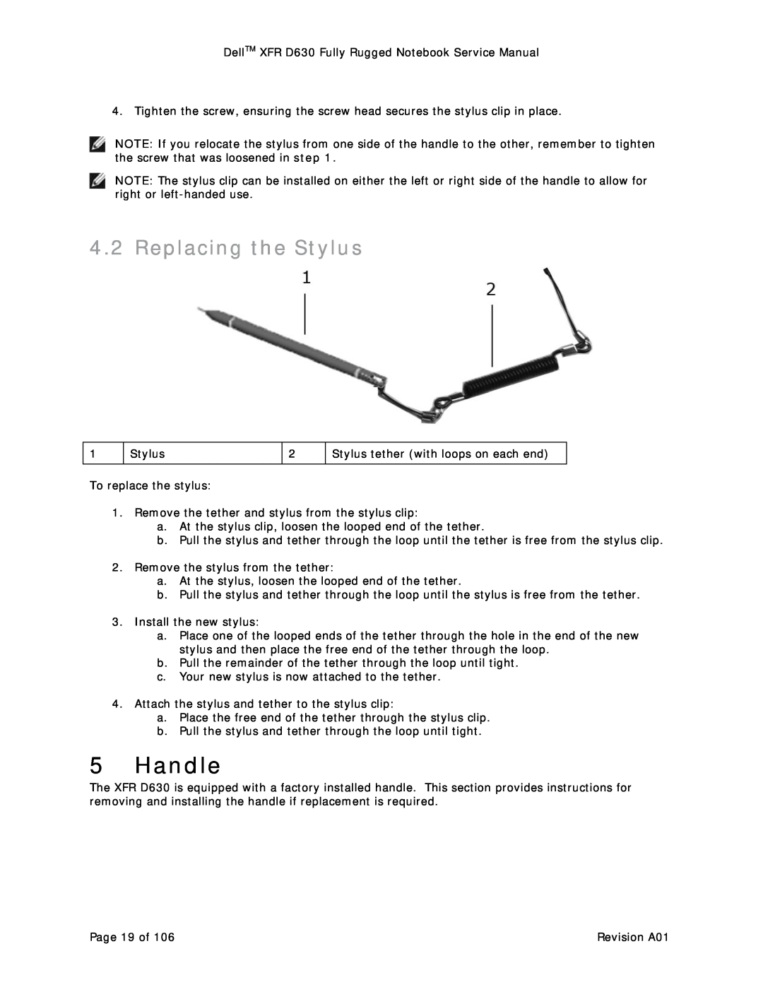 Dell D630 service manual Handle, Replacing the Stylus 