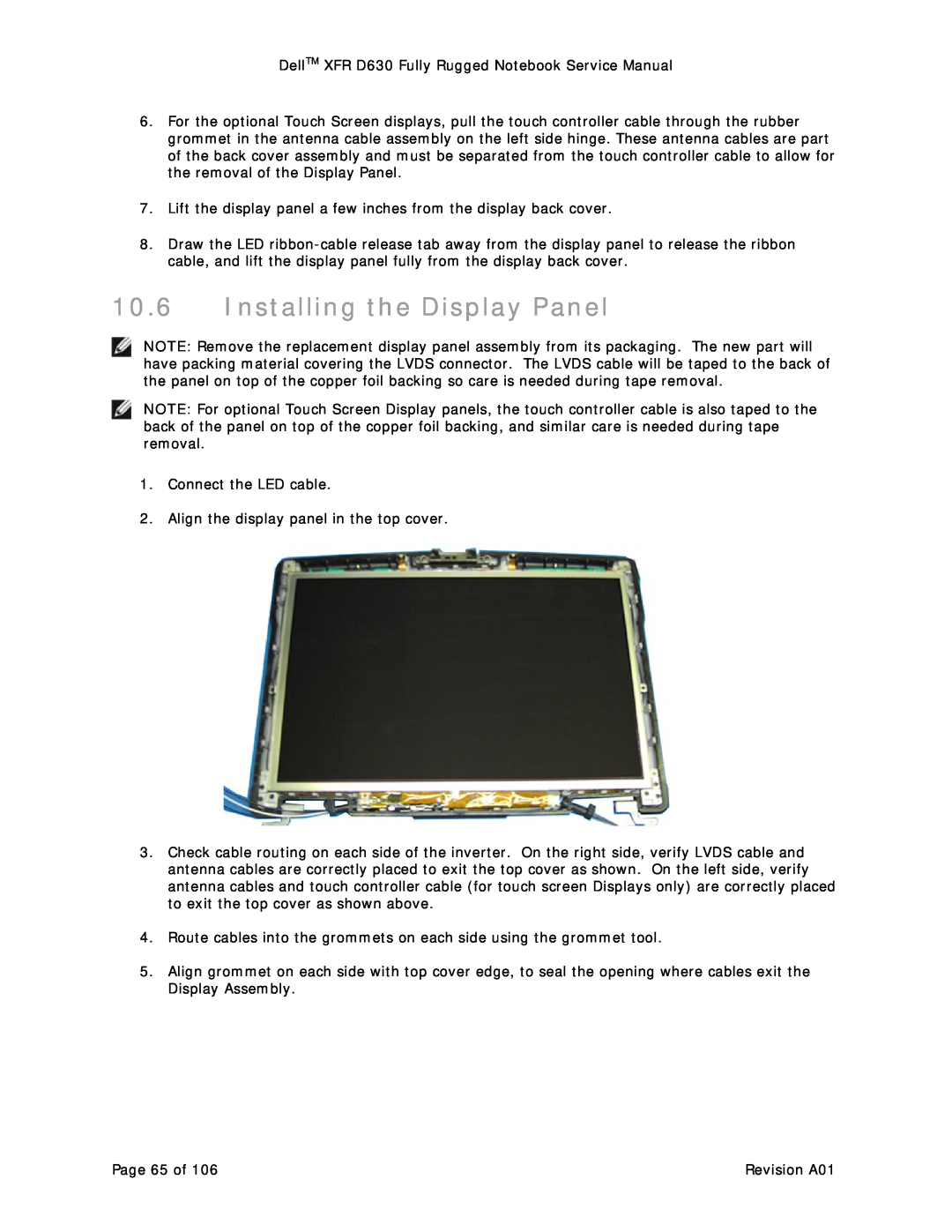 Dell D630 service manual Installing the Display Panel 