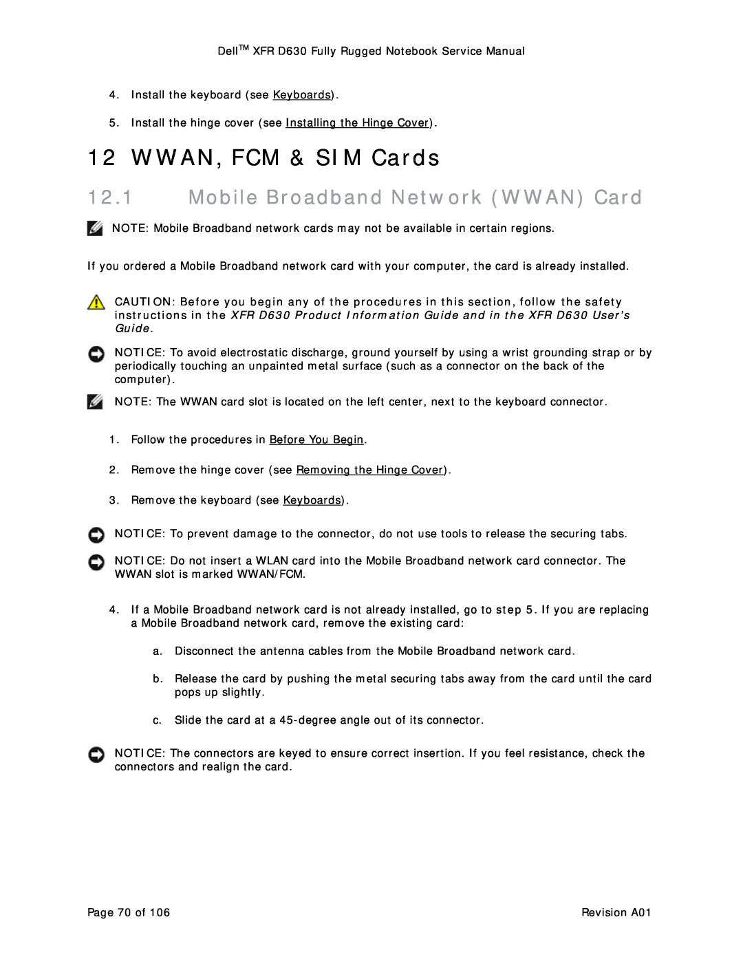 Dell D630 service manual WWAN, FCM & SIM Cards, Mobile Broadband Network WWAN Card 