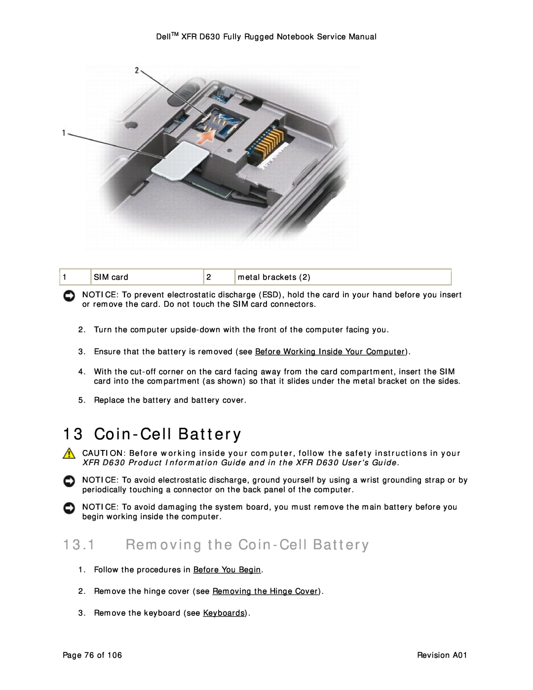 Dell D630 service manual Removing the Coin-Cell Battery 
