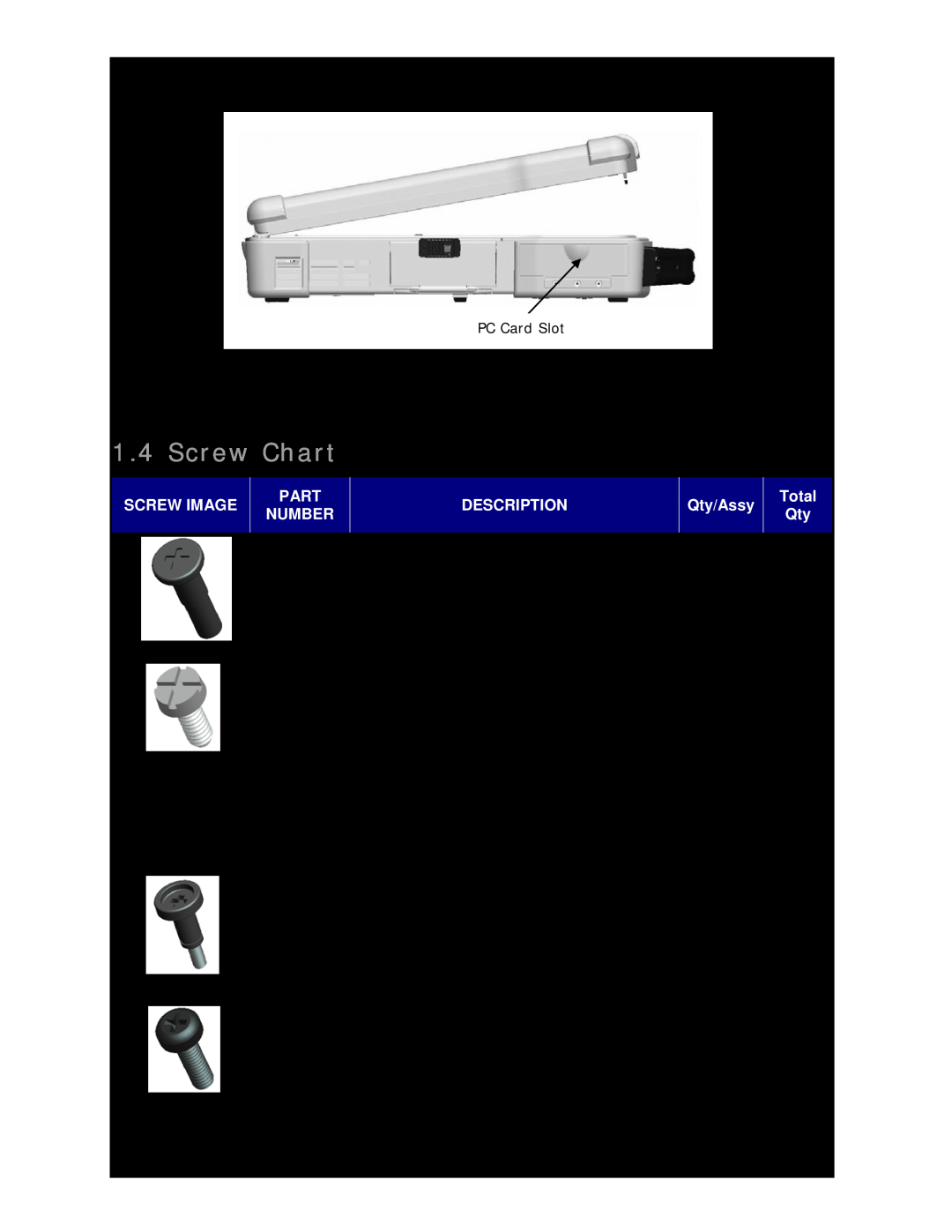 Dell D630 service manual Screw Chart, Screw Image, Part Number, Description, Qty/Assy, Total 
