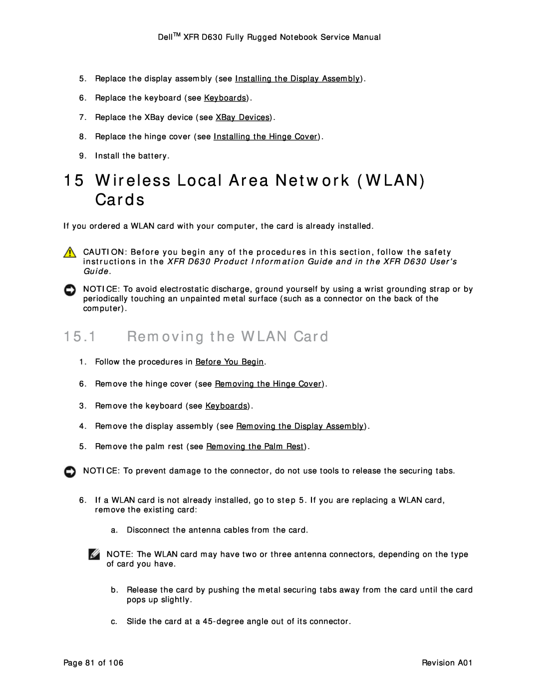 Dell D630 service manual Wireless Local Area Network WLAN Cards, Removing the WLAN Card 