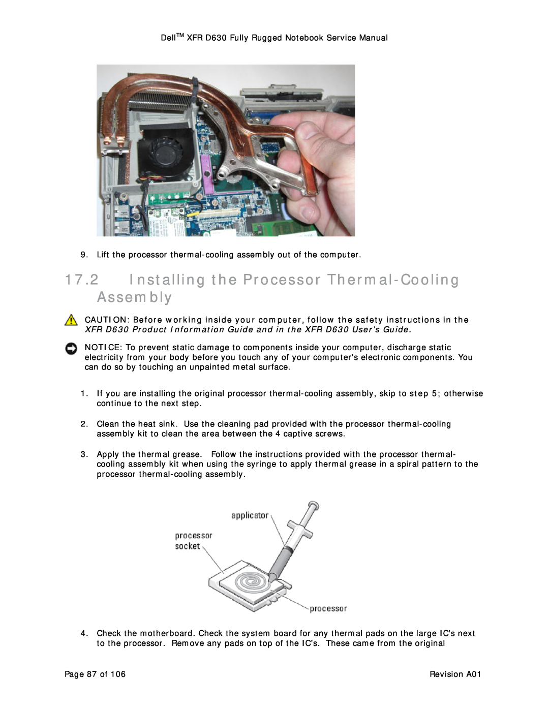 Dell D630 service manual Installing the Processor Thermal-Cooling Assembly 