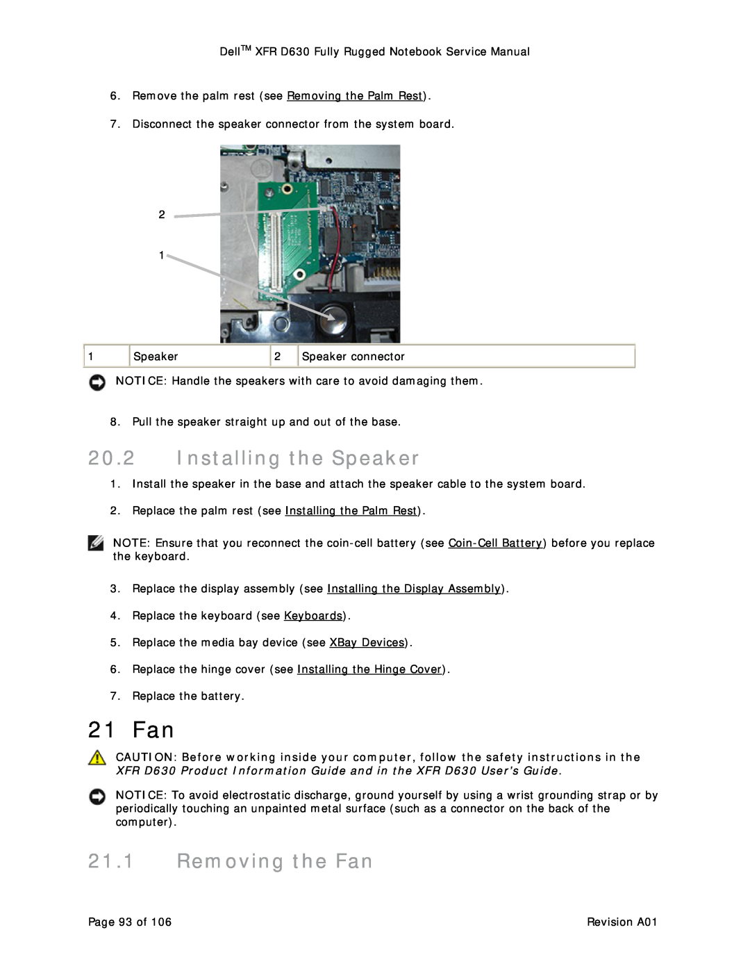 Dell D630 service manual 21 Fan, Installing the Speaker, Removing the Fan 