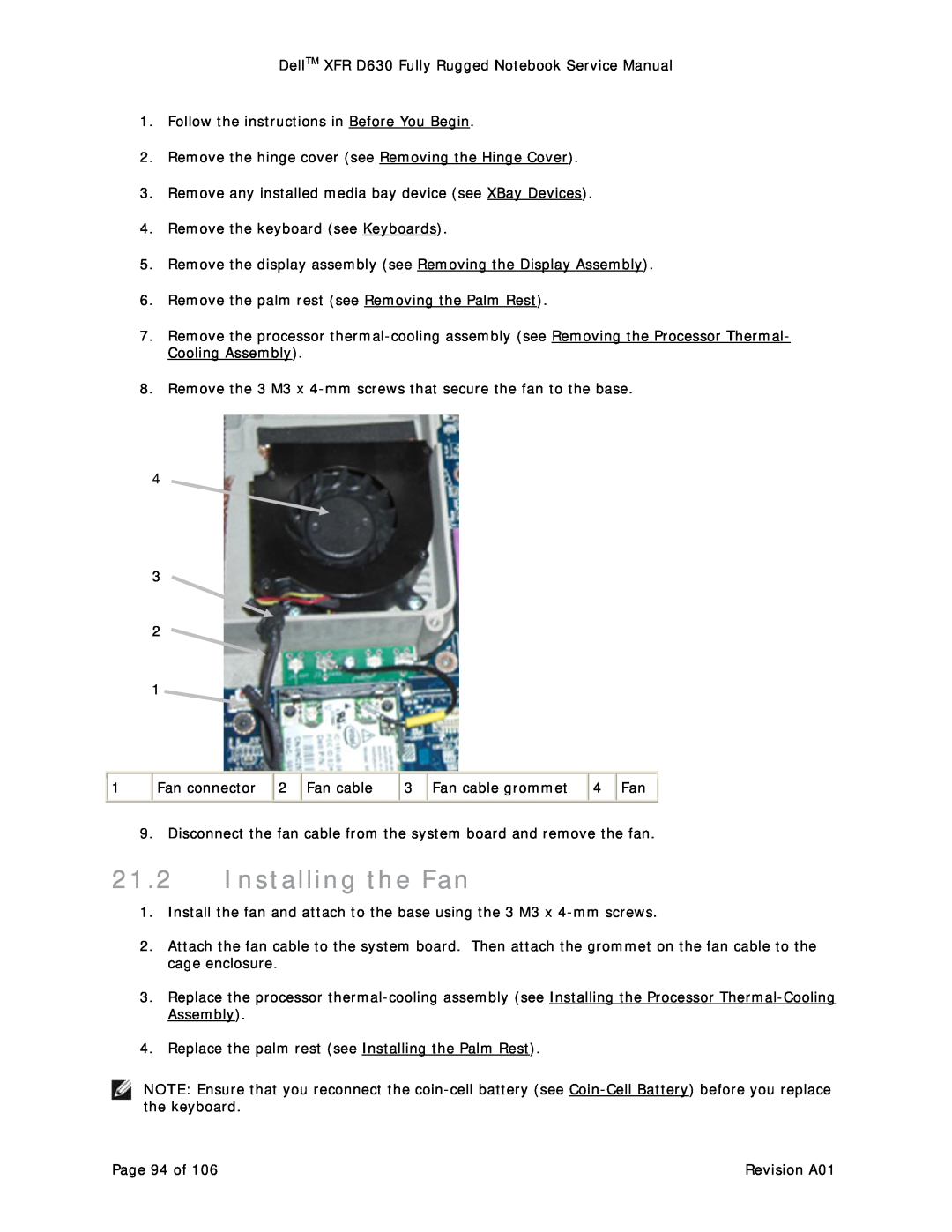 Dell D630 service manual Installing the Fan 