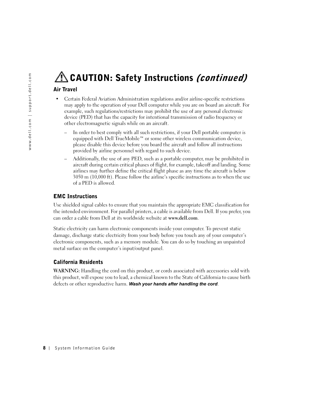 Dell D800 manual Air Travel, EMC Instructions, California Residents 