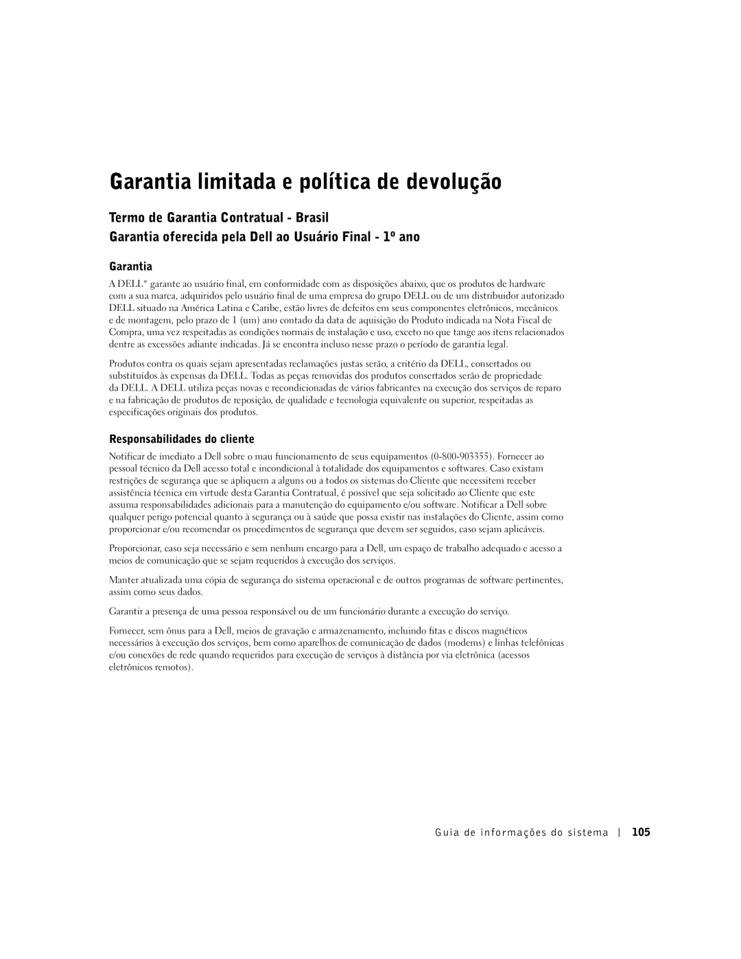 Dell D800 Garantia limitada e política de devolução, Responsabilidades do cliente, Guia de informações do sistema 105 