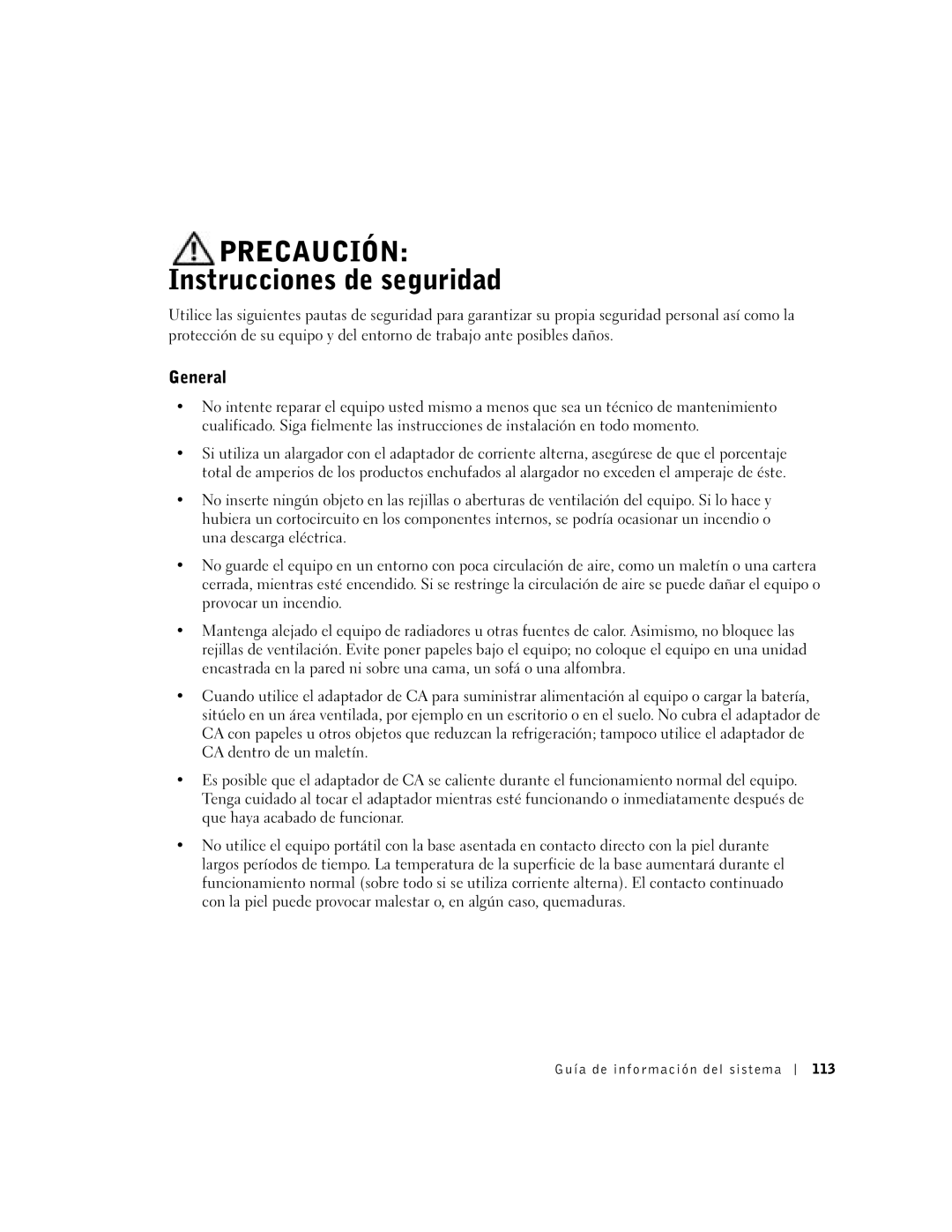 Dell D800 manual Instrucciones de seguridad, Guía de información del sistema 113 