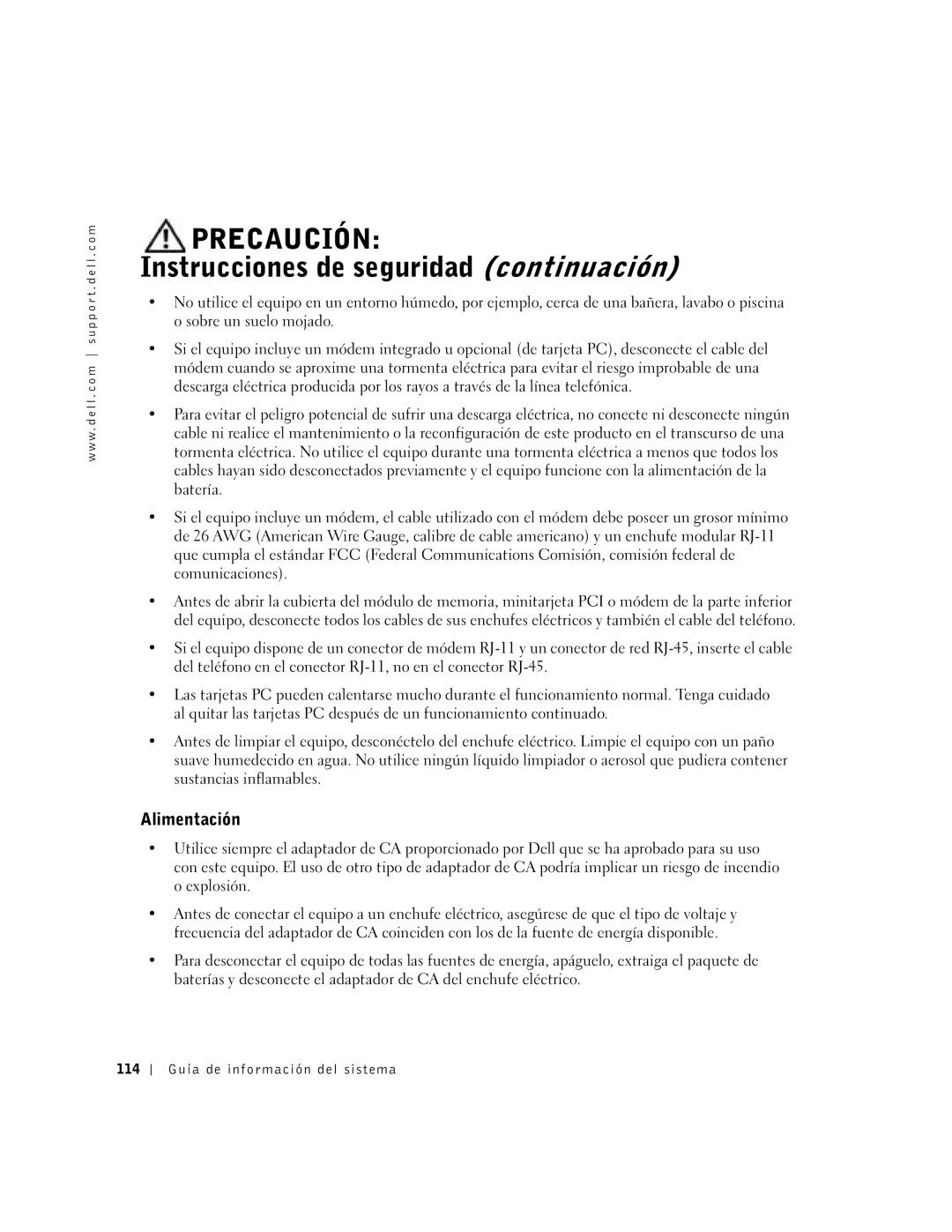 Dell D800 manual Instrucciones de seguridad continuación, Alimentación, 114 Guía de información del sistema 