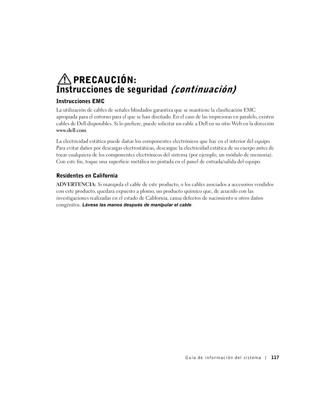 Dell D800 manual Instrucciones EMC, Residentes en California, Guía de información del sistema 117 