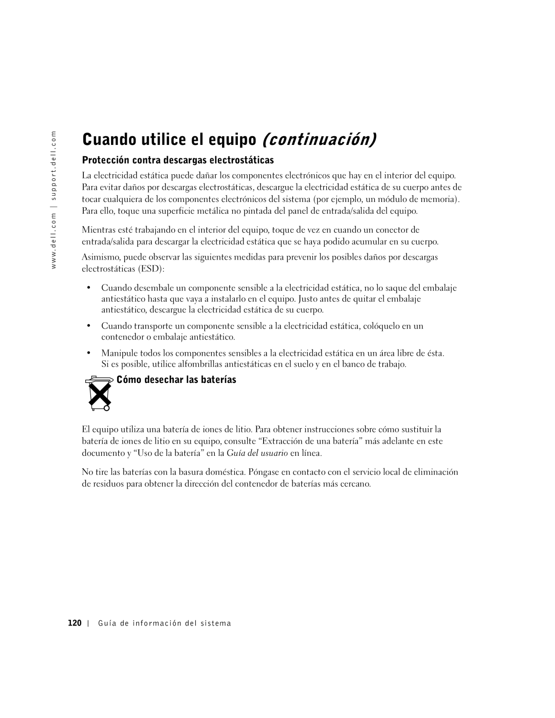 Dell D800 Protección contra descargas electrostáticas, Cómo desechar las baterías, 120 Guía de información del sistema 