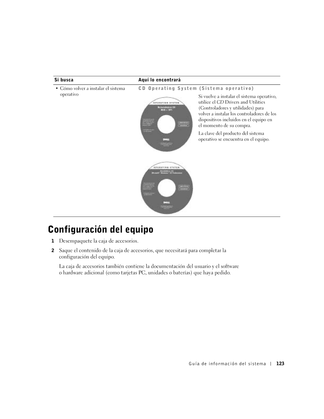 Dell D800 manual Configuración del equipo 